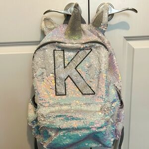 Justice Silver Iridescent Sequence Unicorn Letter K Backpack